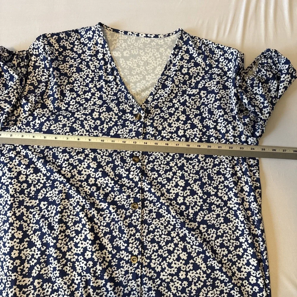 Cottagecore Blue Ditsy Floral Short Puff Sleeve V Neck Button Maxi Dress 3X Boho